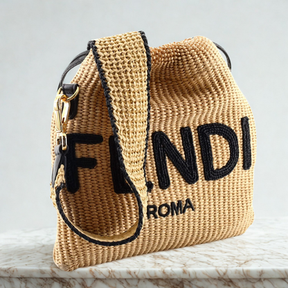 Fendi – Sack Small Braided Straw Bag in Beige