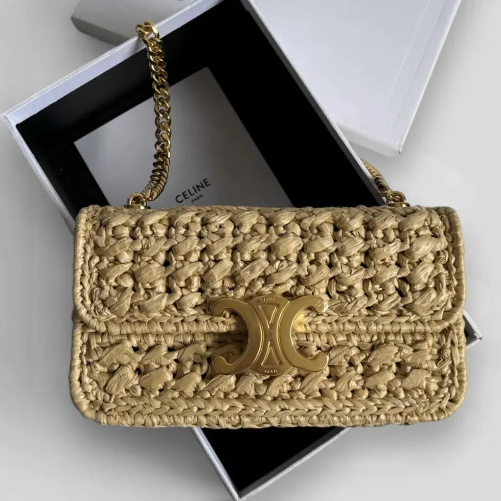 Celine Claude Shoulder Bag with Chain in Raffia with Woven Effect