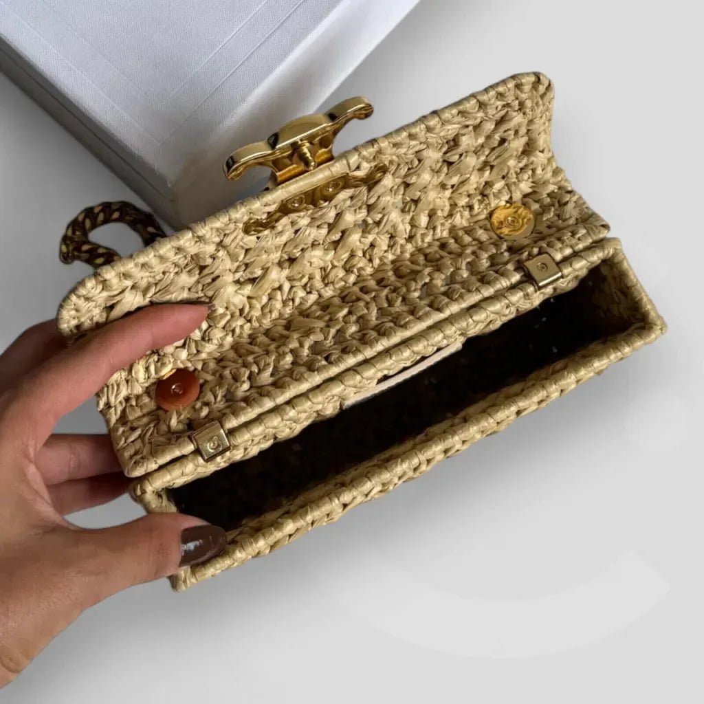 Celine Claude Shoulder Bag with Chain in Raffia with Woven Effect