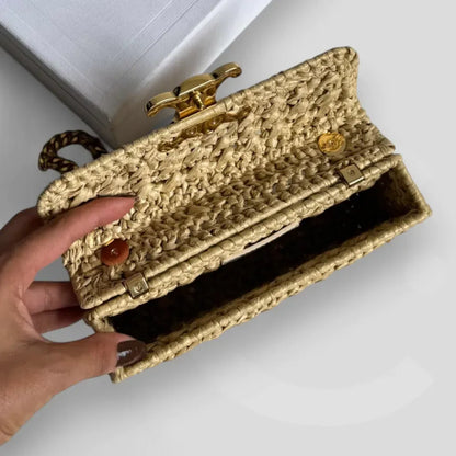 Celine Claude Shoulder Bag with Chain in Raffia with Woven Effect
