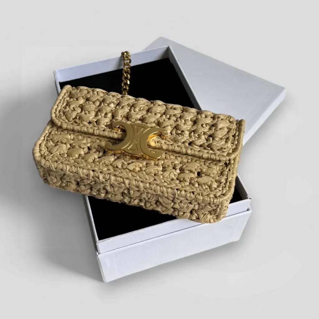 Celine Claude Shoulder Bag with Chain in Raffia with Woven Effect