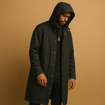 Men's Long Waterproof Raincoat with Hood - Lined Outdoor Jacket